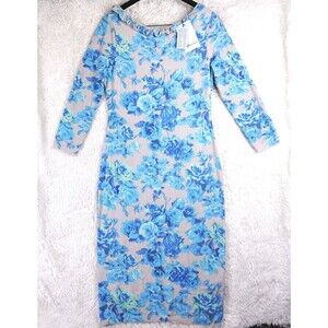 NWT Blumarine Floral Stretch Scoop Neck Blue Roses Dress Italian Made